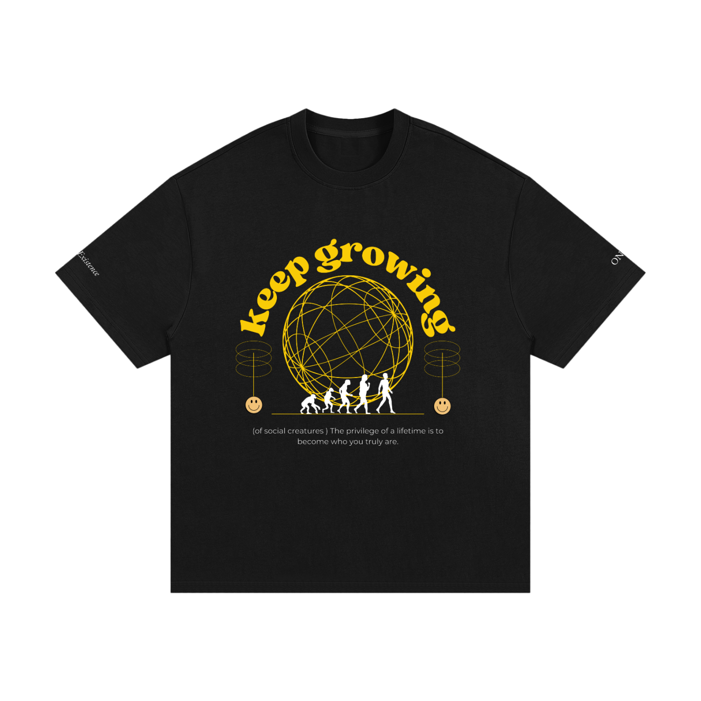 Black t-shirt with yellow 'Keep Growing' graphic on a white background