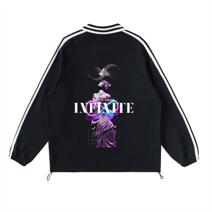 Black jacket with white stripes on sleeves featuring a graphic design and text on a white background. Stylist streetwear collar Sweatshirt, comfy formal collar Sweatshirt, fashion collar Sweatshirt, graphic collar Sweatshirt