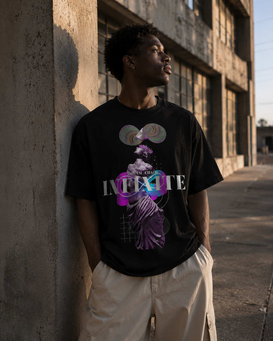 Person wearing a black t-shirt with a colorful graphic design, standing against a textured wall. Stylist streetwear tee, comfy formal tee, fashion tee, graphic tee