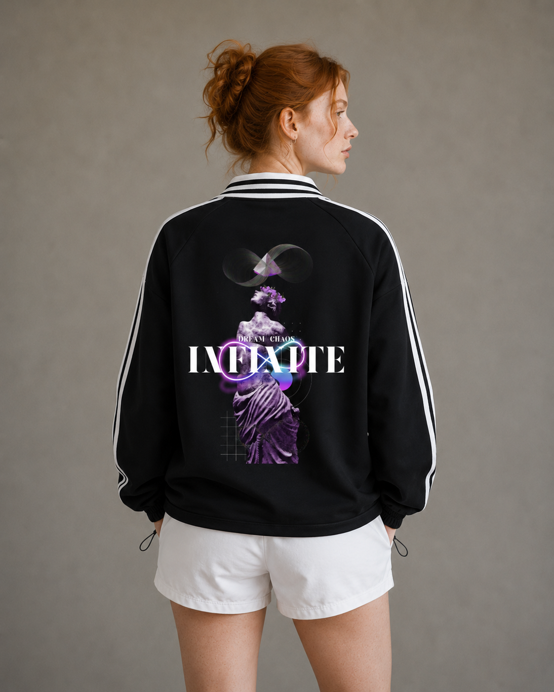 Person wearing a black jacket with a graphic design and text on the back, standing against a plain background. Stylist streetwear collar Sweatshirt, comfy formal collar Sweatshirt, fashion collar Sweatshirt, graphic collar Sweatshirt