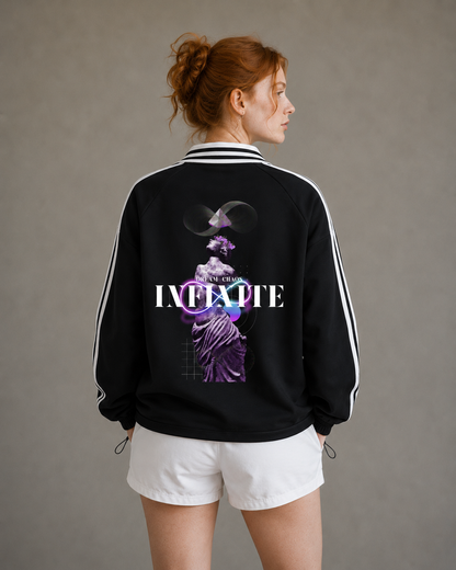 Person wearing a black jacket with a graphic design and text on the back, standing against a plain background. Stylist streetwear collar Sweatshirt, comfy formal collar Sweatshirt, fashion collar Sweatshirt, graphic collar Sweatshirt