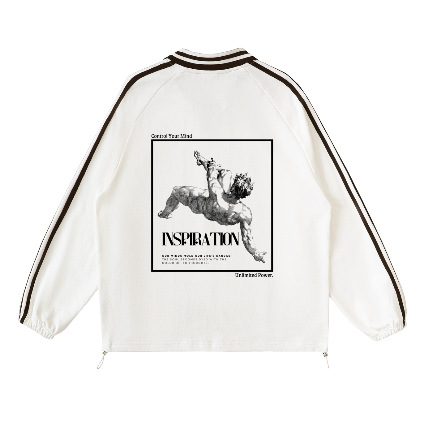 White jacket with black text and graphic design on a white background. Stylist streetwear collar Sweatshirt, comfy formal collar Sweatshirt, fashion collar Sweatshirt, graphic collar Sweatshirt