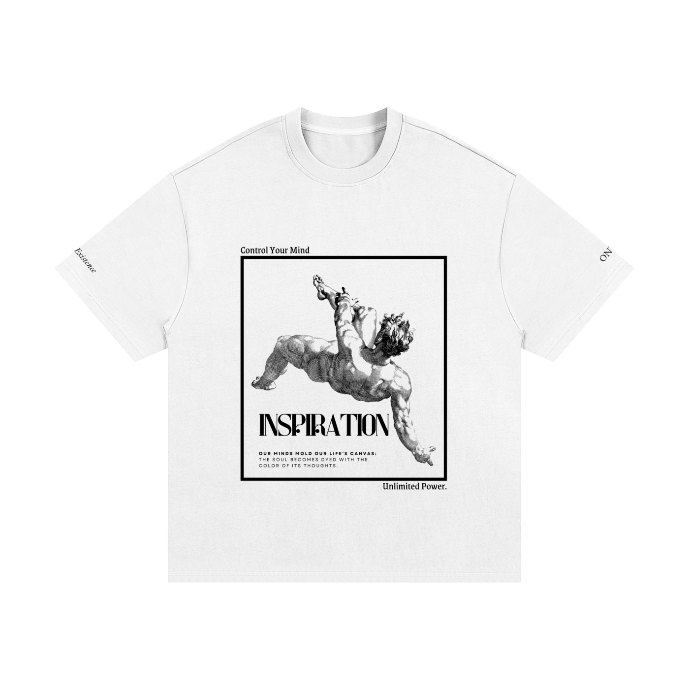 White t-shirt with graphic design and text on a white background Stylist streetwear tee, comfy formal tee, fashion tee, graphic tee