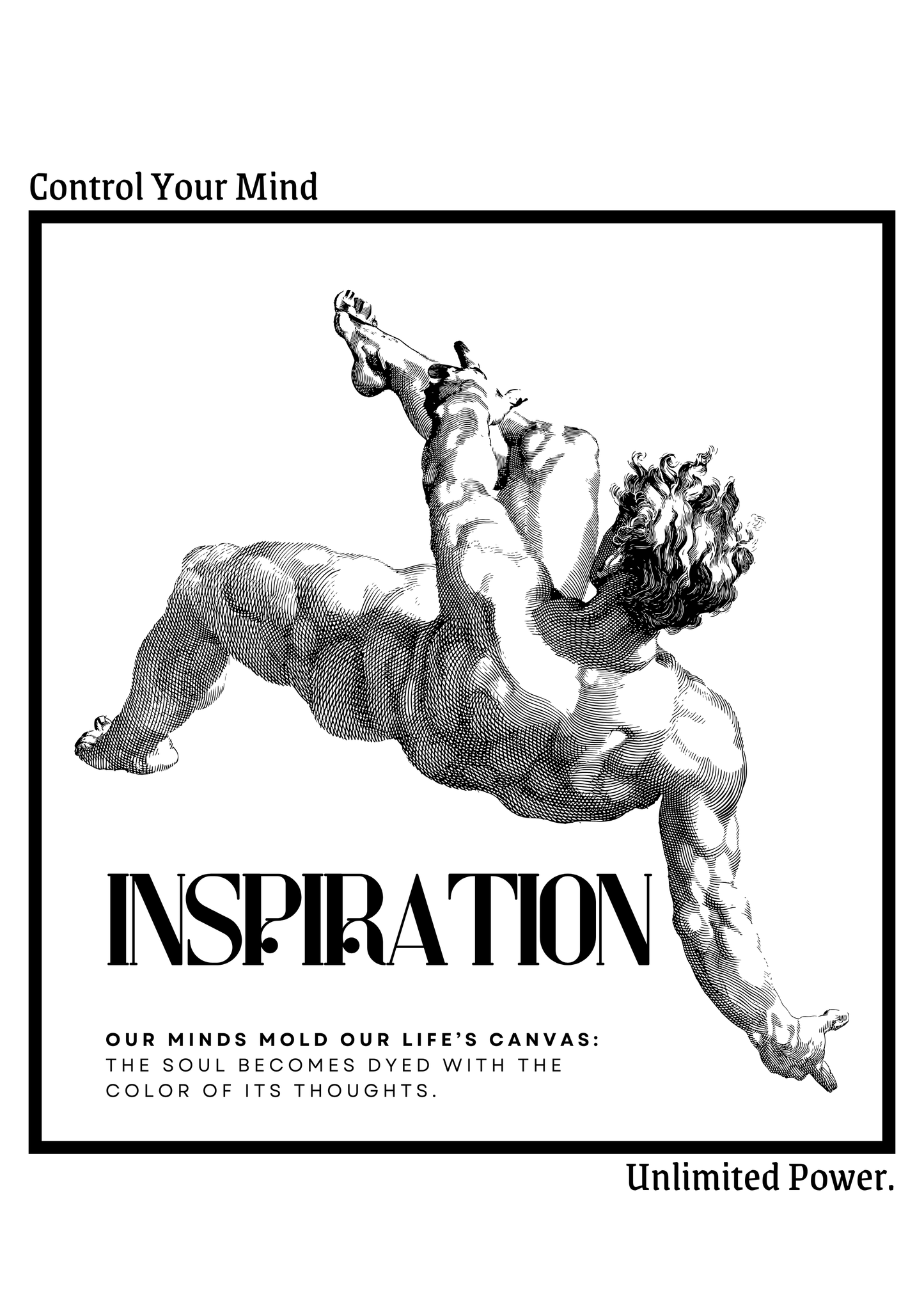 Black and white illustration of a muscular figure with text about controlling the mind and unlimited power.