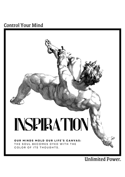 Black and white illustration of a muscular figure with text about controlling the mind and unlimited power.
