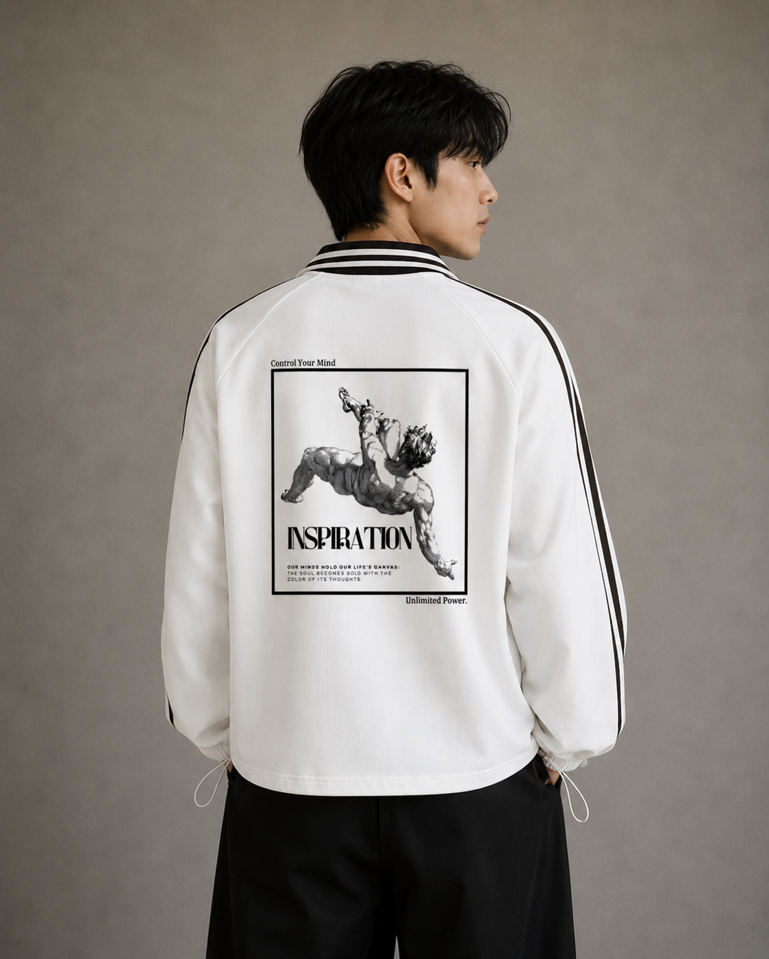 Person wearing a white jacket with a graphic design on the back against a gray background. Stylist streetwear collar Sweatshirt, comfy formal collar Sweatshirt, fashion collar Sweatshirt, graphic collar Sweatshirt