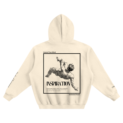 Beige hoodie with graphic design on the back featuring a black and white illustration and text. Stylist streetwear hoodie, comfy formal hoodie, fashion hoodie, graphic hoodie, no front pocket hoodie, large hooded hoodie, large hood hoodie, oversized hoodie