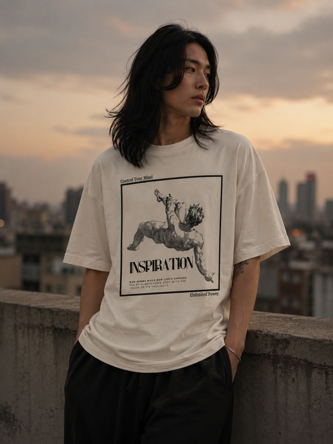 Person wearing a white t-shirt with a graphic design on a rooftop at sunset.Stylist streetwear tee, comfy formal tee, fashion tee, graphic tee