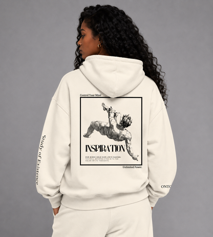 Person wearing a white hoodie with a graphic design on the back against a gray background. Stylist streetwear hoodie, comfy formal hoodie, fashion hoodie, graphic hoodie, no front pocket hoodie, large hooded hoodie, large hood hoodie, oversized hoodie
