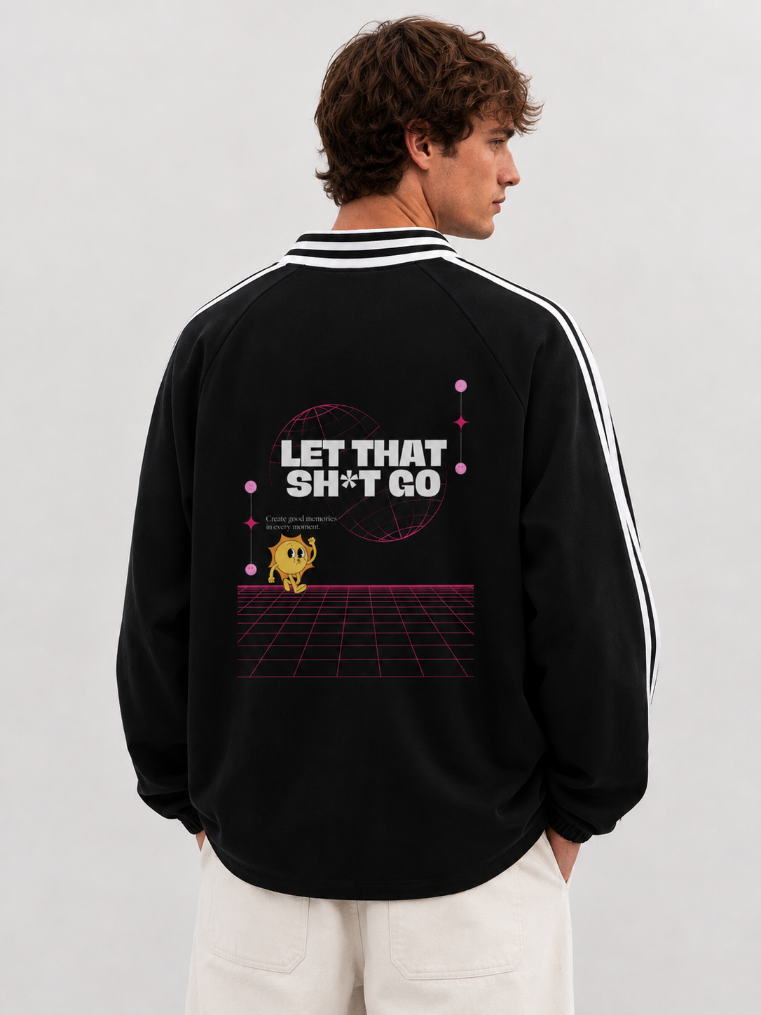Person wearing a black jacket with a graphic design and text on the back against a plain background.Stylist streetwear collar Sweatshirt, comfy formal collar Sweatshirt, fashion collar Sweatshirt, graphic collar Sweatshirt