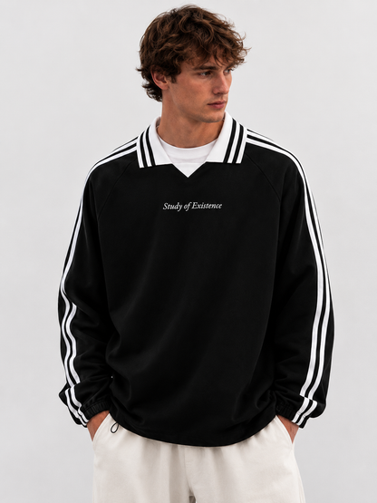 Man wearing a black jacket with white stripes and 'Study of Existence' text on a plain background. Stylist streetwear collar Sweatshirt, comfy formal collar Sweatshirt, fashion collar Sweatshirt, graphic collar Sweatshirt