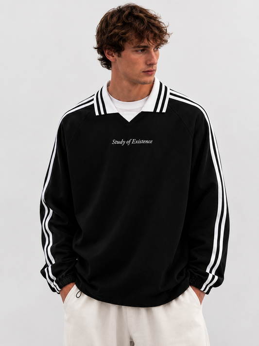 Man wearing a black jacket with white stripes and 'Study of Existence' text on a plain background. Stylist streetwear collar Sweatshirt, comfy formal collar Sweatshirt, fashion collar Sweatshirt, graphic collar Sweatshirt