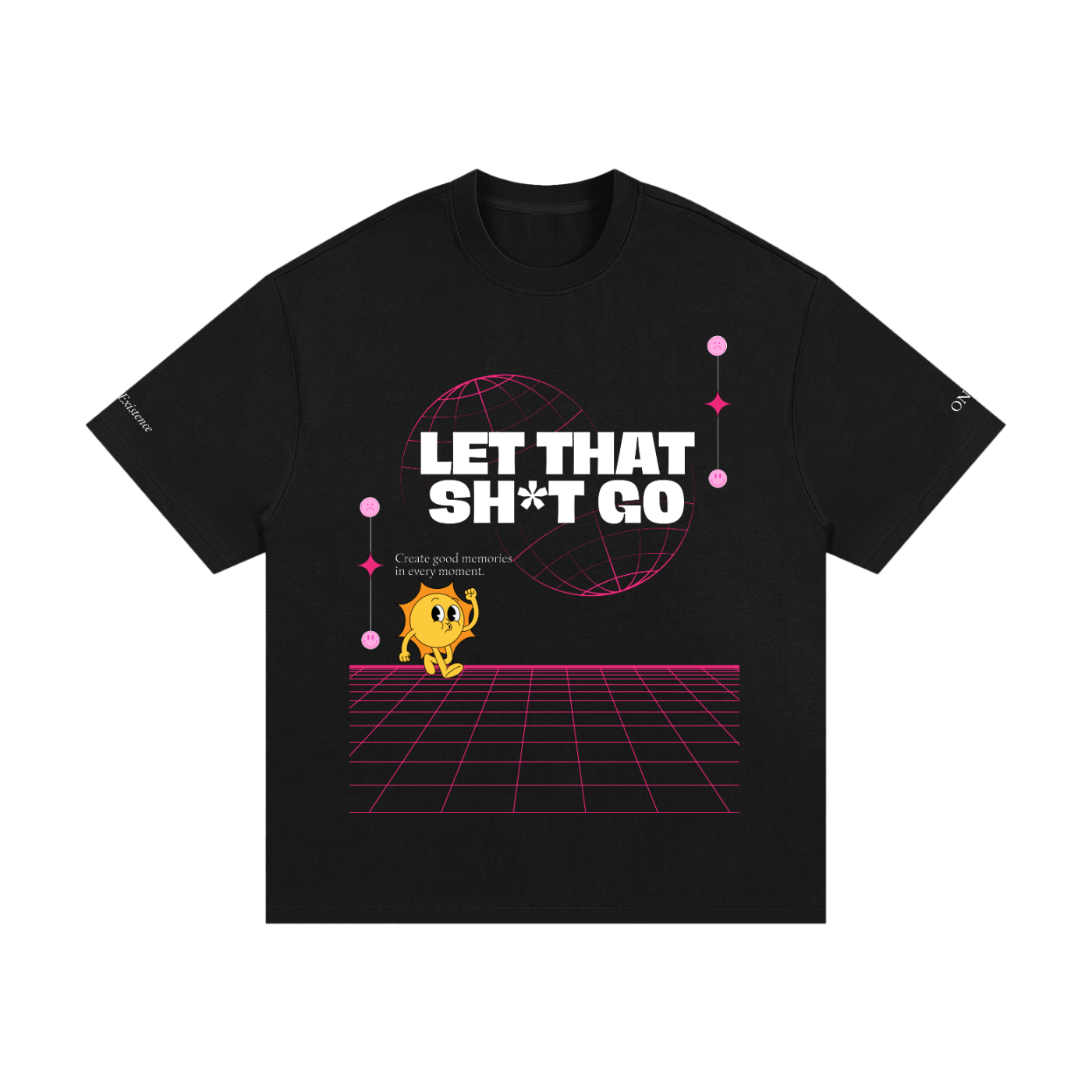 Black t-shirt with graphic design and text on a white background