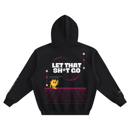 Black hoodie with graphic design on the back featuring text and a character.