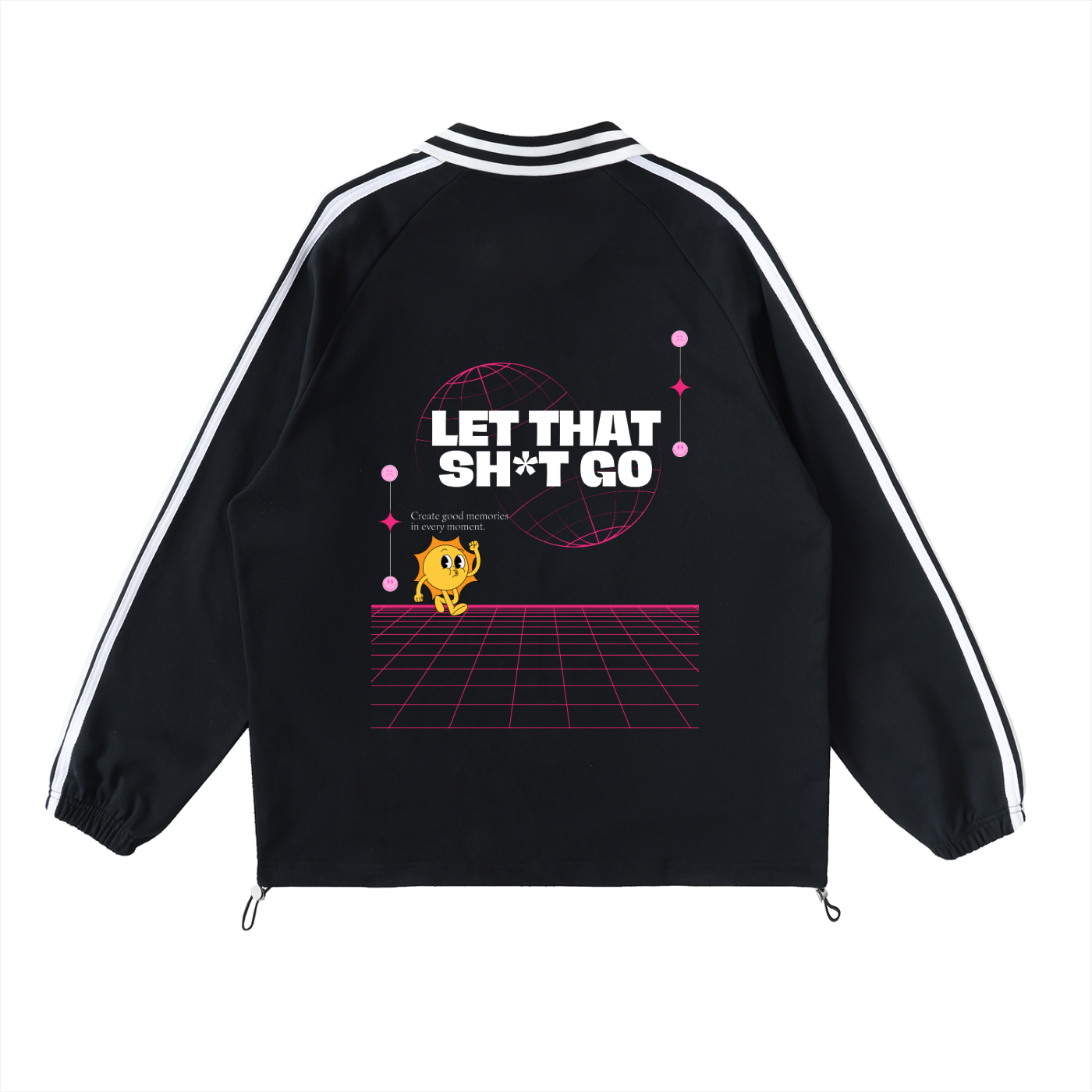 Black jacket with graphic design and text on a white background