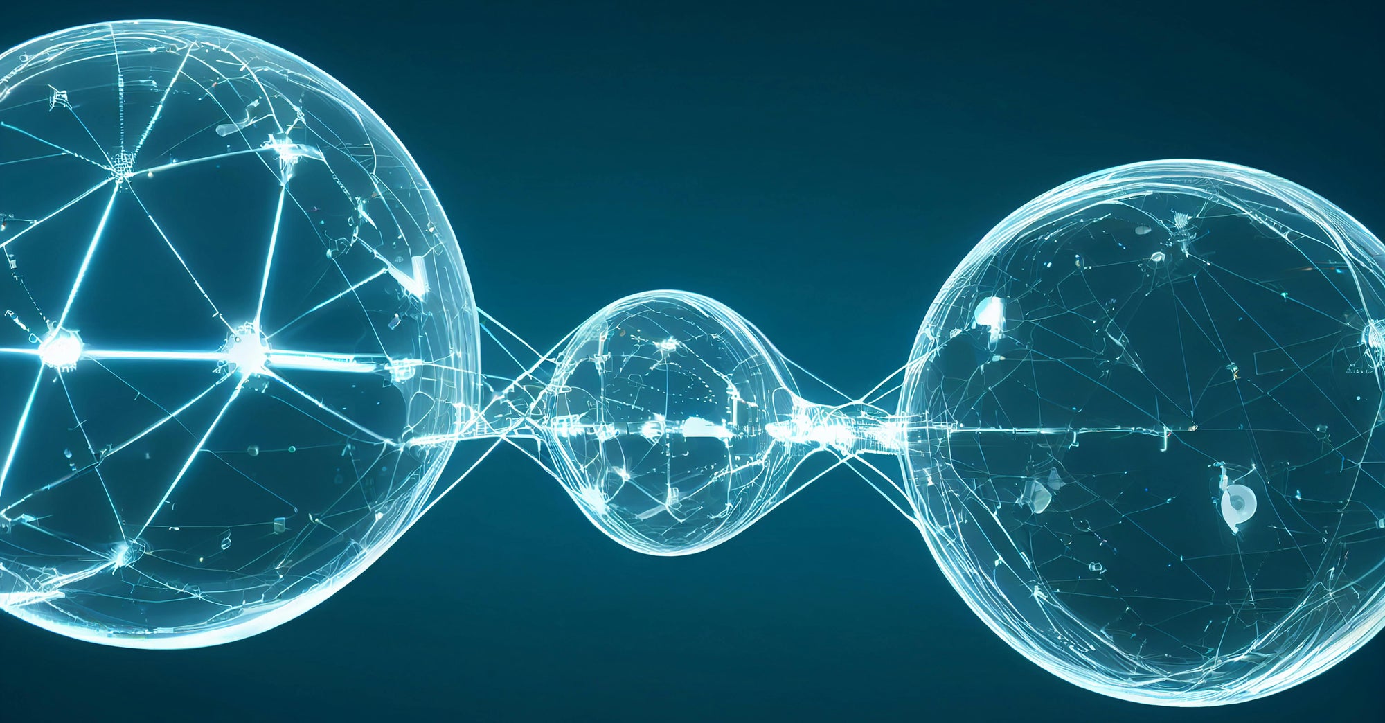 Three connected spheres with network-like structures on a dark blue background