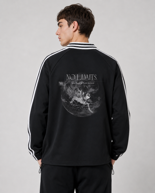 Person wearing a black tracksuit with 'No Limits' text on the back against a gray background. Stylist streetwear collar Sweatshirt, comfy formal collar Sweatshirt, fashion collar Sweatshirt, graphic collar Sweatshirt
