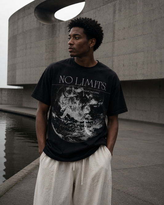 Person wearing a black t-shirt with 'No Limits' graphic design outdoors. Stylist streetwear tee, comfy formal tee, fashion tee, graphic tee