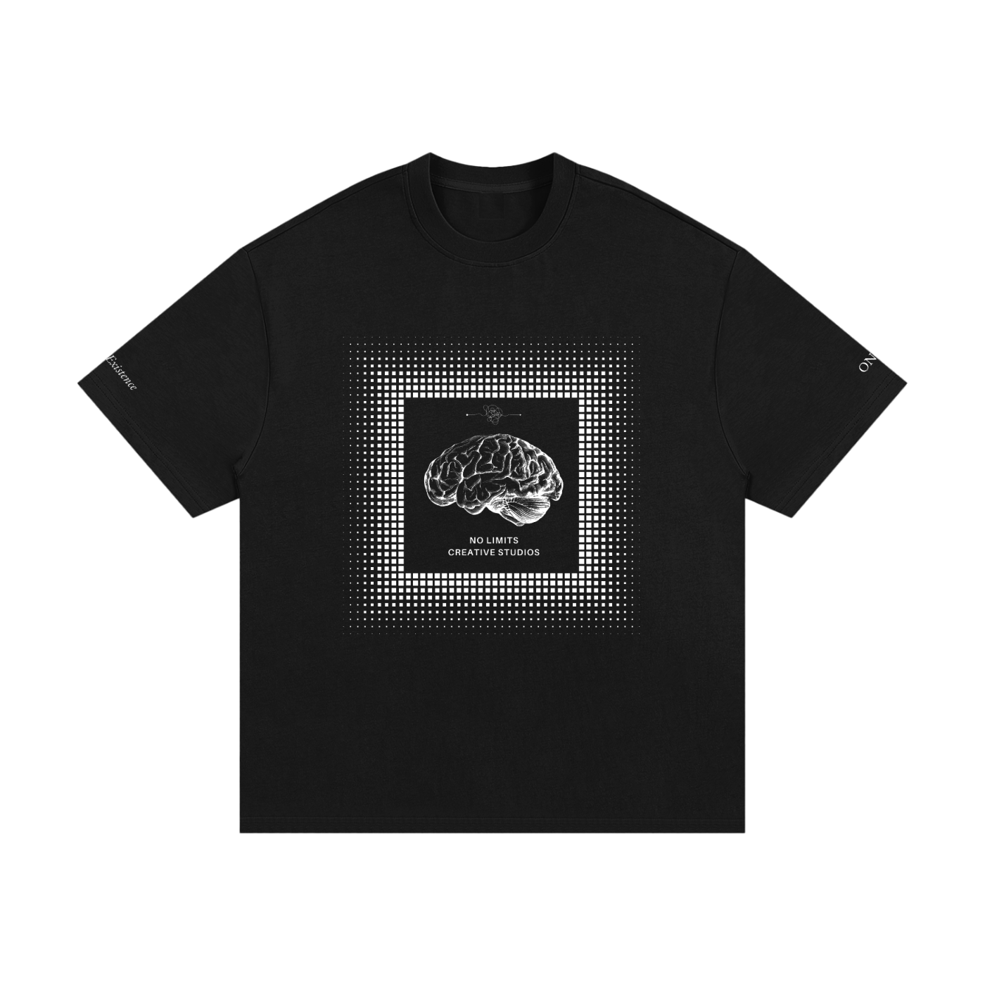Black t-shirt with brain graphic and text on a white background. Stylist streetwear tee, comfy formal tee, fashion tee, graphic tee