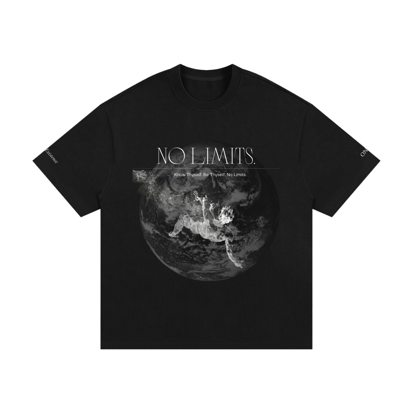 Black t-shirt with graphic design and 'NO LIMITS' text on a white background