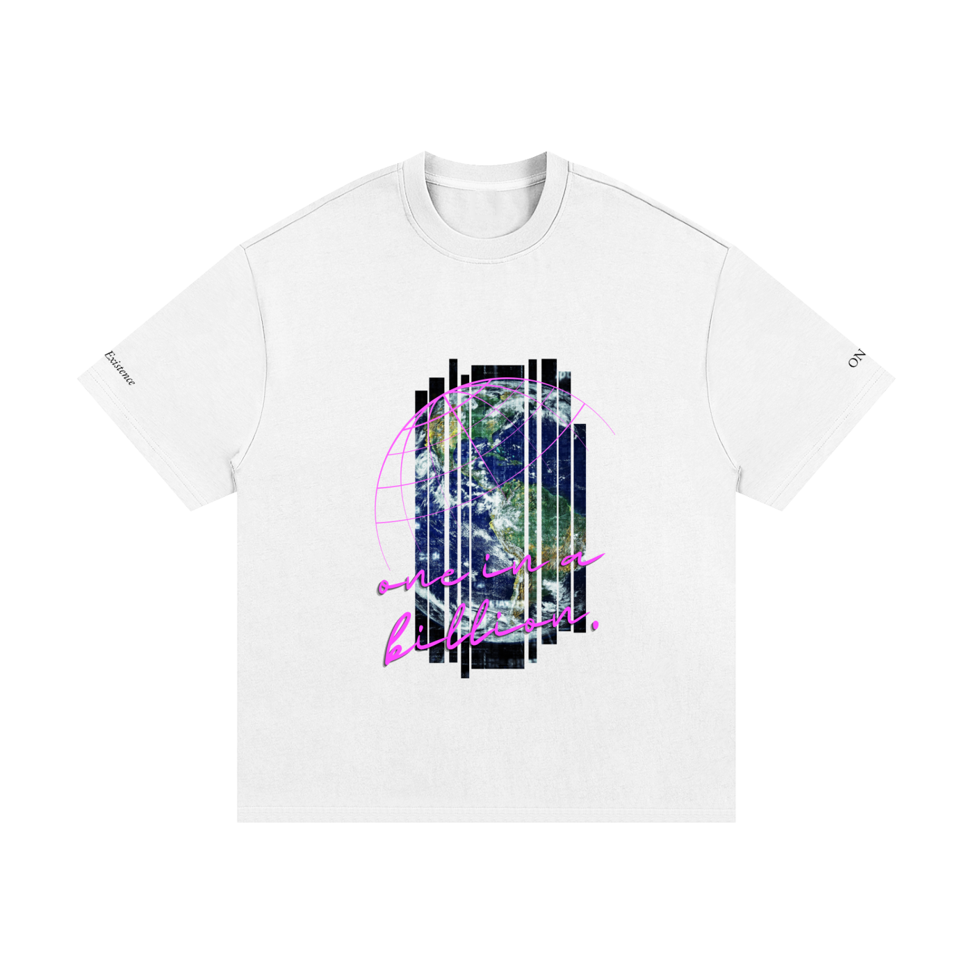 White t-shirt with a graphic design of Earth and text on a white background