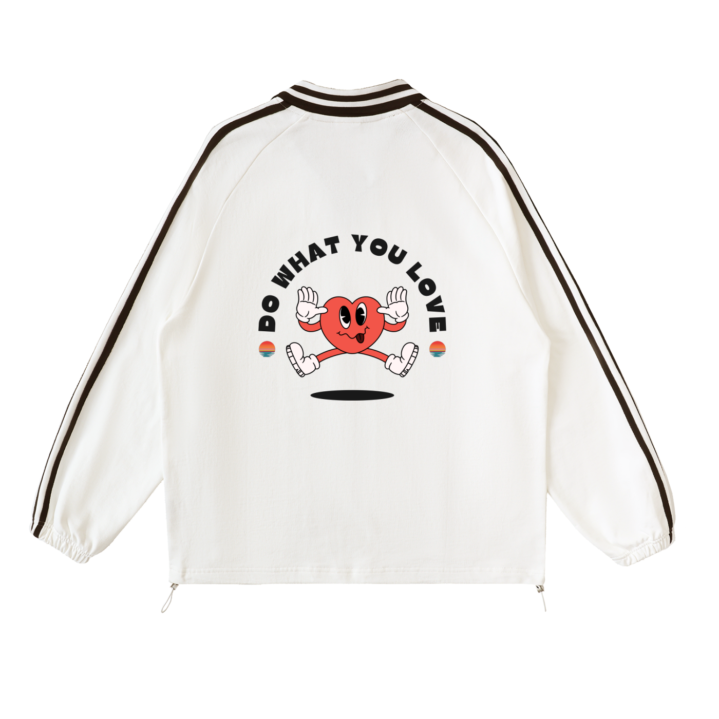 White jacket with a red character and text 'Do What You Love' on a white background. Stylist streetwear collar Sweatshirt, comfy formal collar Sweatshirt, fashion collar Sweatshirt, graphic collar Sweatshirt