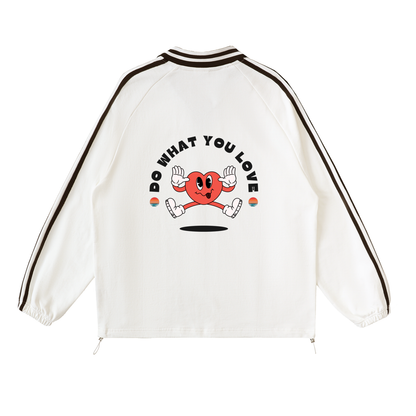 White jacket with a red character and text 'Do What You Love' on a white background. Stylist streetwear collar Sweatshirt, comfy formal collar Sweatshirt, fashion collar Sweatshirt, graphic collar Sweatshirt