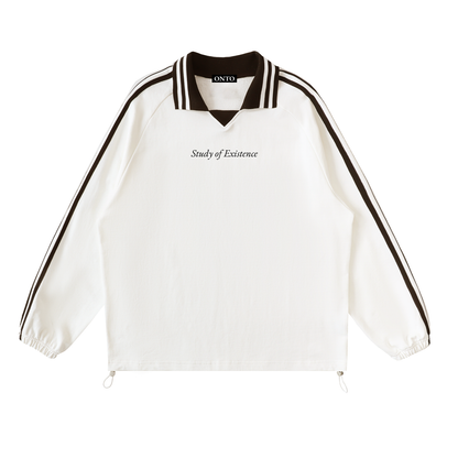 White jacket with black accents and text on a white background. Stylist streetwear collar Sweatshirt, comfy formal collar Sweatshirt, fashion collar Sweatshirt, graphic collar Sweatshirt