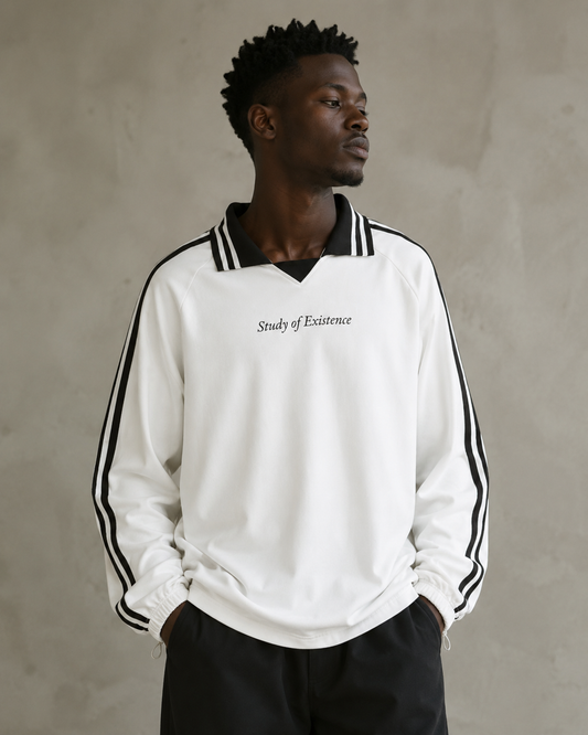 Black male wearing white sweatshirt jacket with stripes on the side. Stylist streetwear collar Sweatshirt, comfy formal collar Sweatshirt, fashion collar Sweatshirt, graphic collar Sweatshirt