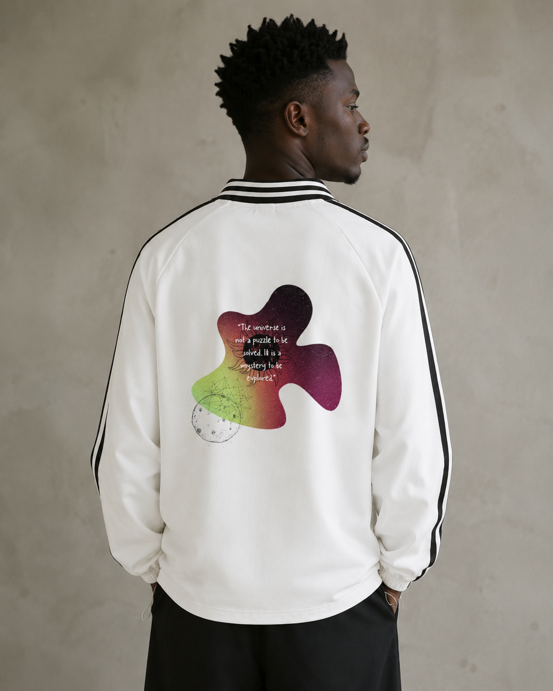 Black male wearing white sweatshirt jacket with stripes on the side. Stylist streetwear collar Sweatshirt, comfy formal collar Sweatshirt, fashion collar Sweatshirt, graphic collar Sweatshirt