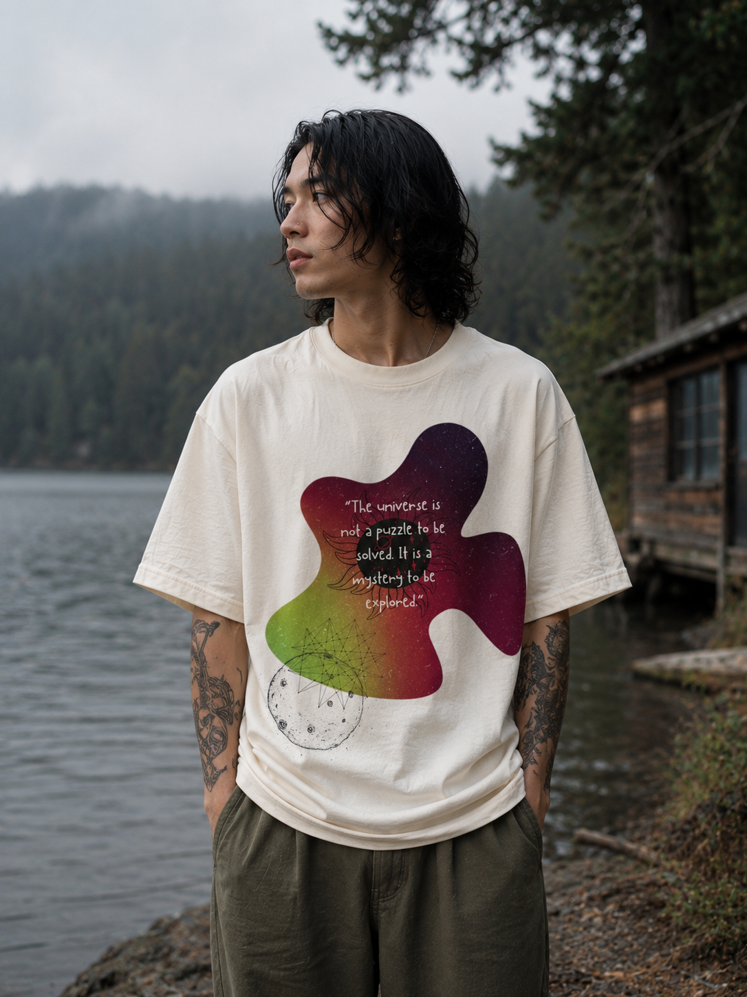 Person wearing a t-shirt with a colorful design and text by a lake Stylist streetwear tee, comfy formal tee, fashion tee, graphic tee