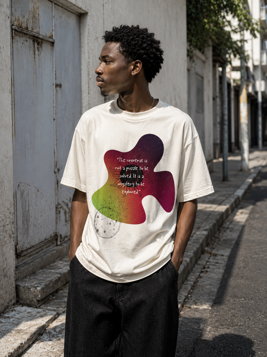Person wearing a white t-shirt with a colorful abstract design and text on a street. Stylist streetwear tee, comfy formal tee, fashion tee, graphic tee