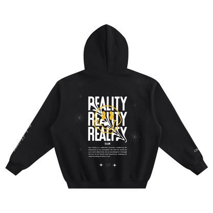 Black hoodie with 'REALITY' text design on the back against a white background. Stylist streetwear hoodie, comfy formal hoodie, fashion hoodie, graphic hoodie, no front pocket hoodie, large hooded hoodie, large hood hoodie, oversized hoodie
