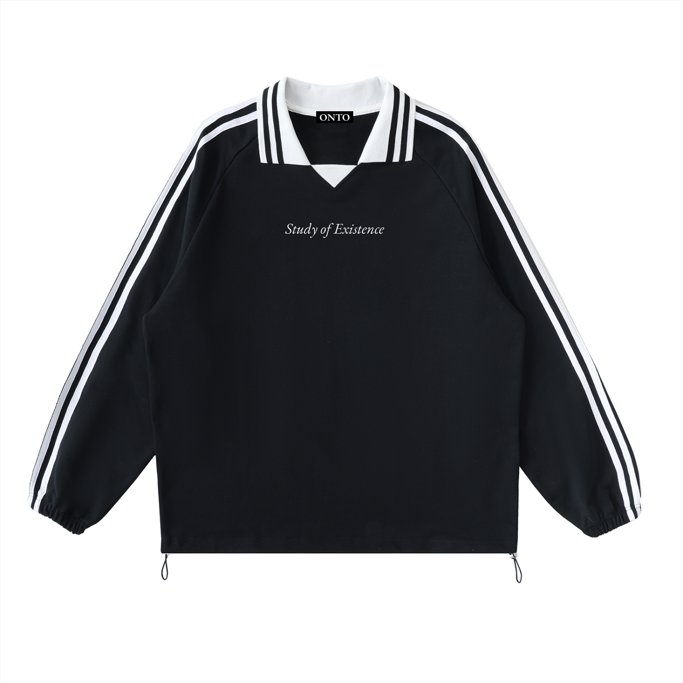 Black sweatshirt with white stripes and 'Study of Existence' text on a white background. Stylist streetwear collar Sweatshirt, comfy formal collar Sweatshirt, fashion collar Sweatshirt, graphic collar Sweatshirt