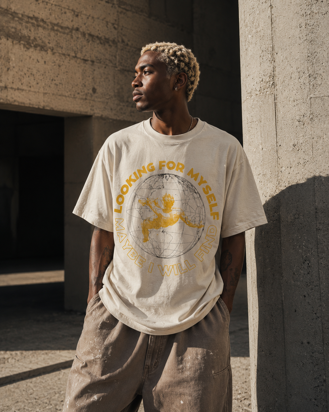 Man wearing a t-shirt with a graphic design and text, standing against a concrete wall. Stylist streetwear tee, comfy formal tee, fashion tee, graphic tee