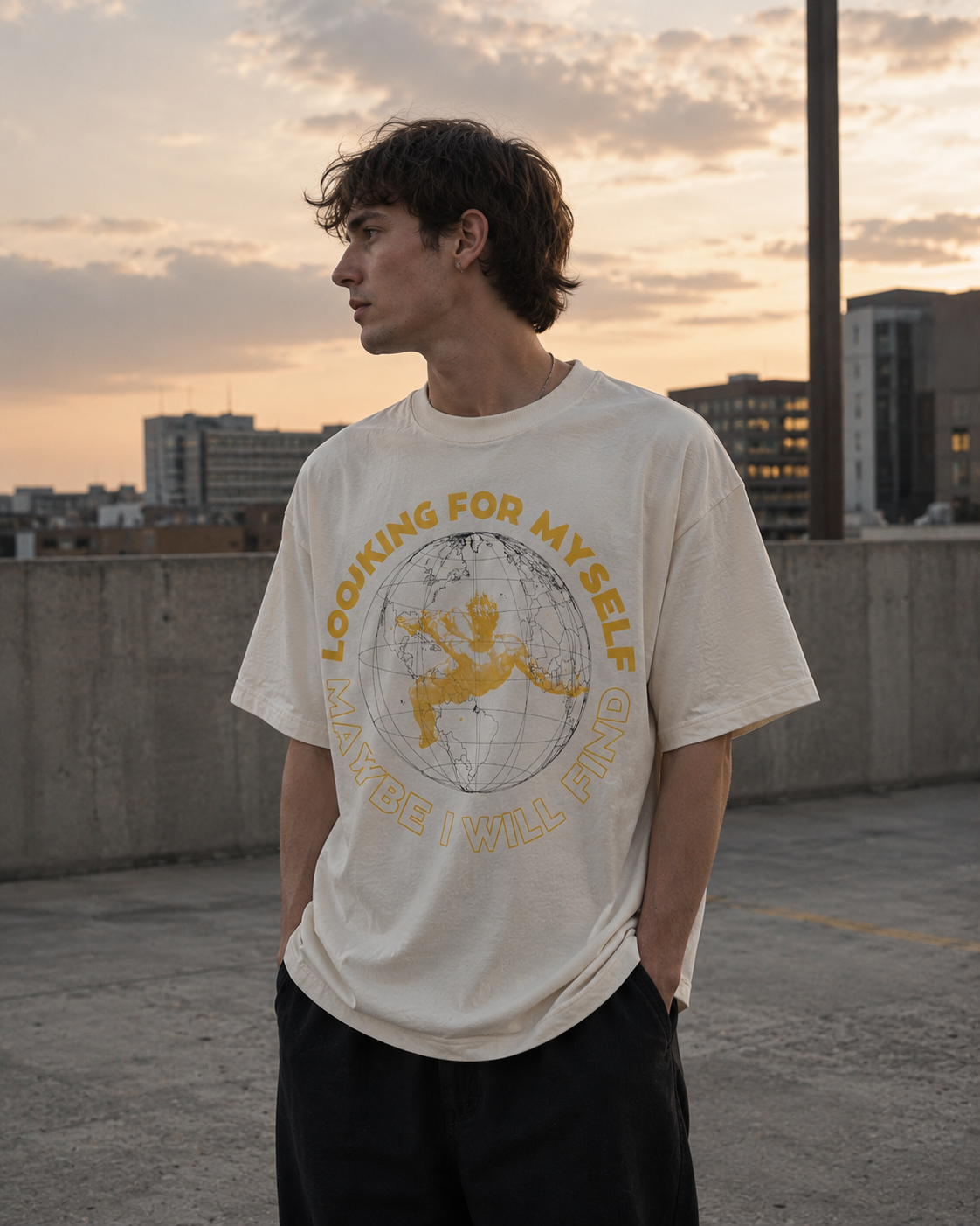 Person wearing a t-shirt with a graphic design and text, standing on a rooftop with a cityscape background. Stylist streetwear tee, comfy formal tee, fashion tee, graphic tee