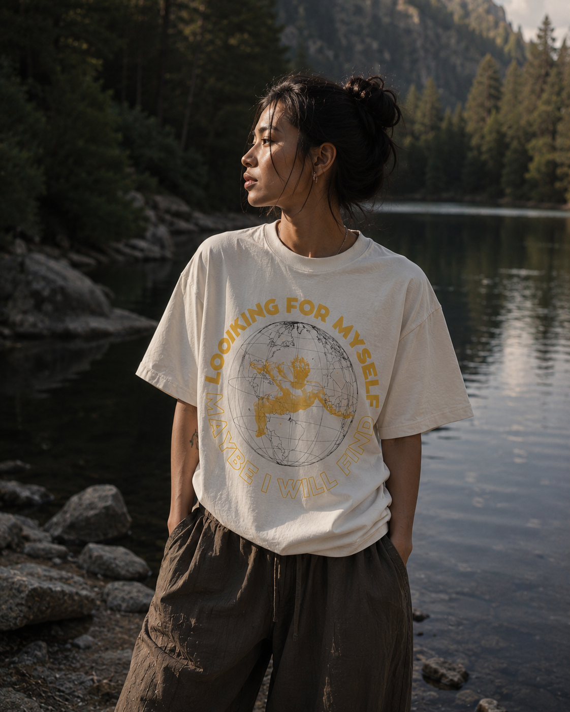 Person wearing a t-shirt with text and graphics by a lake with mountains in the background. Stylist streetwear tee, comfy formal tee, fashion tee, graphic tee