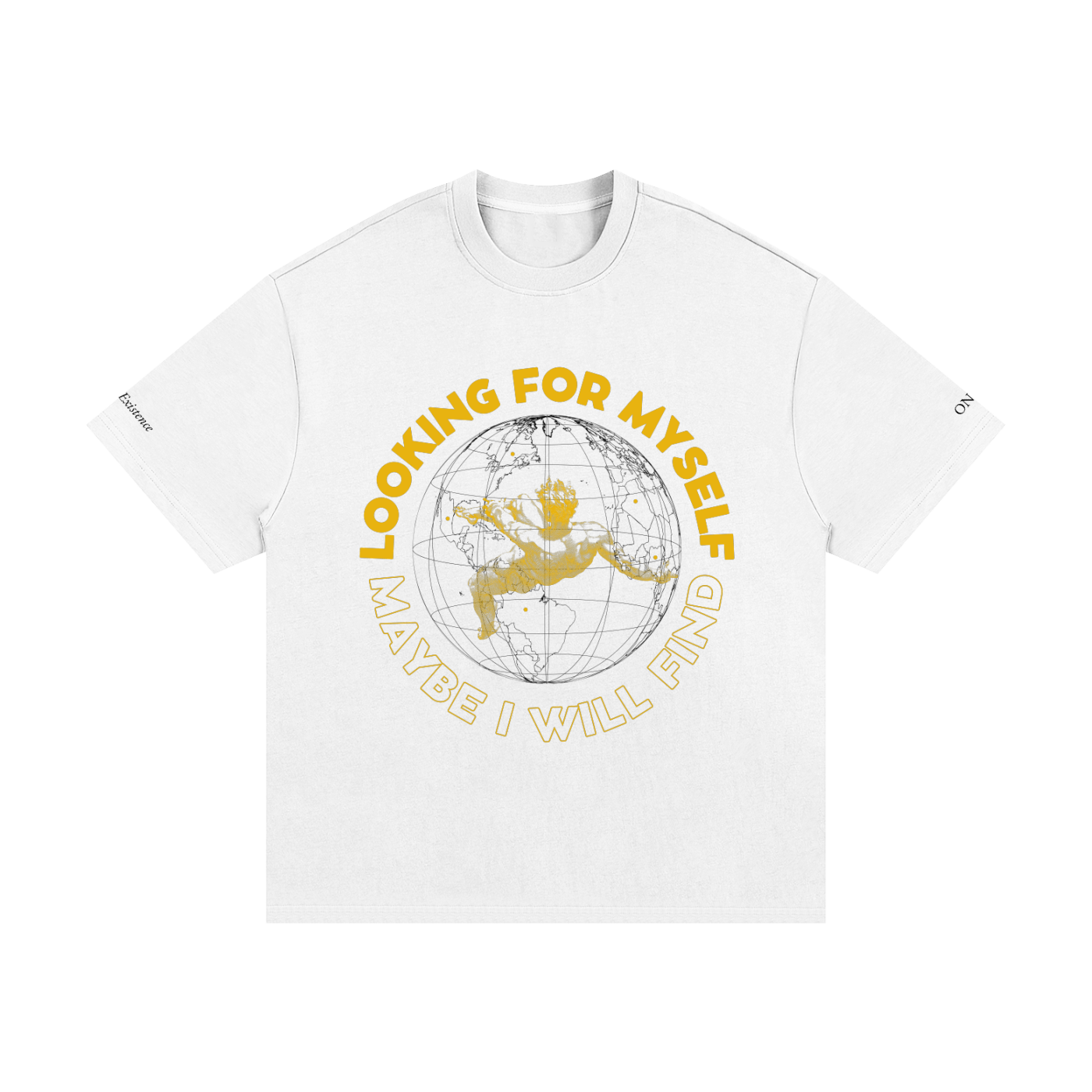 White t-shirt with yellow graphic and text on a white background