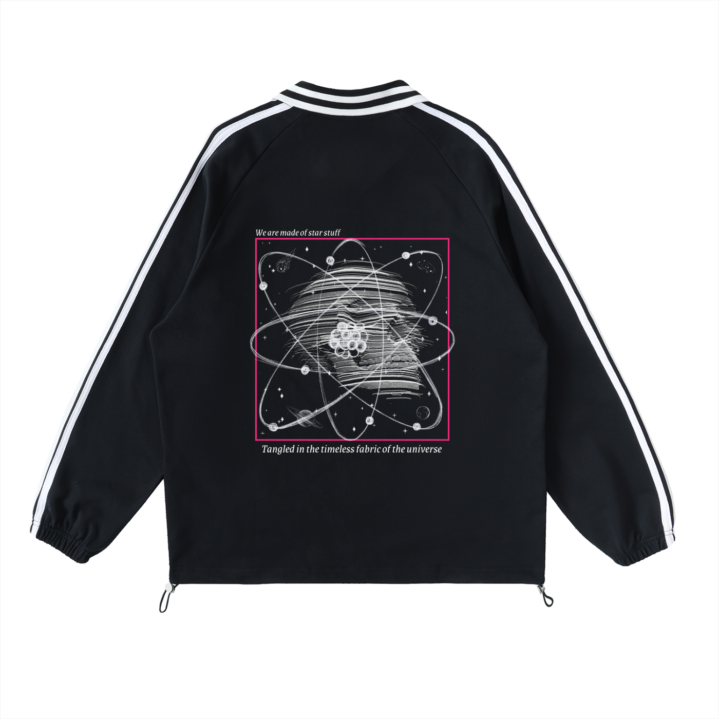 Black jacket with white stripes on sleeves and back design featuring atom symbol and text. Stylist streetwear collar Sweatshirt, comfy formal collar Sweatshirt, fashion collar Sweatshirt, graphic collar Sweatshirt