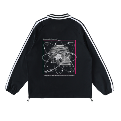 Black jacket with white stripes on sleeves and back design featuring atom symbol and text. Stylist streetwear collar Sweatshirt, comfy formal collar Sweatshirt, fashion collar Sweatshirt, graphic collar Sweatshirt