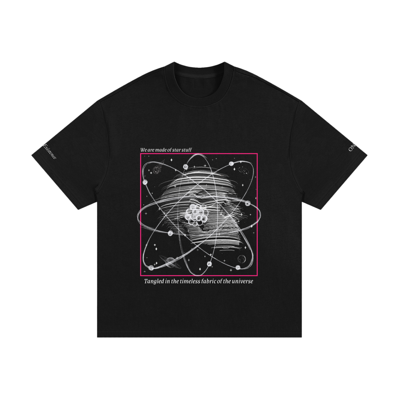 Black t-shirt with atomic design and text on a white background. Stylist streetwear tee, comfy formal tee, fashion tee, graphic tee