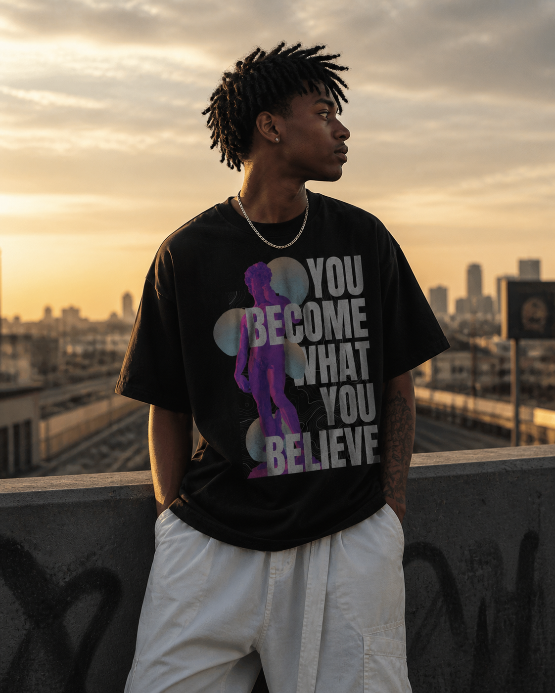 Person wearing a black t-shirt with motivational quote and silhouette graphic, standing on a rooftop with cityscape in the background. Stylist streetwear tee, comfy formal tee, fashion tee, graphic tee