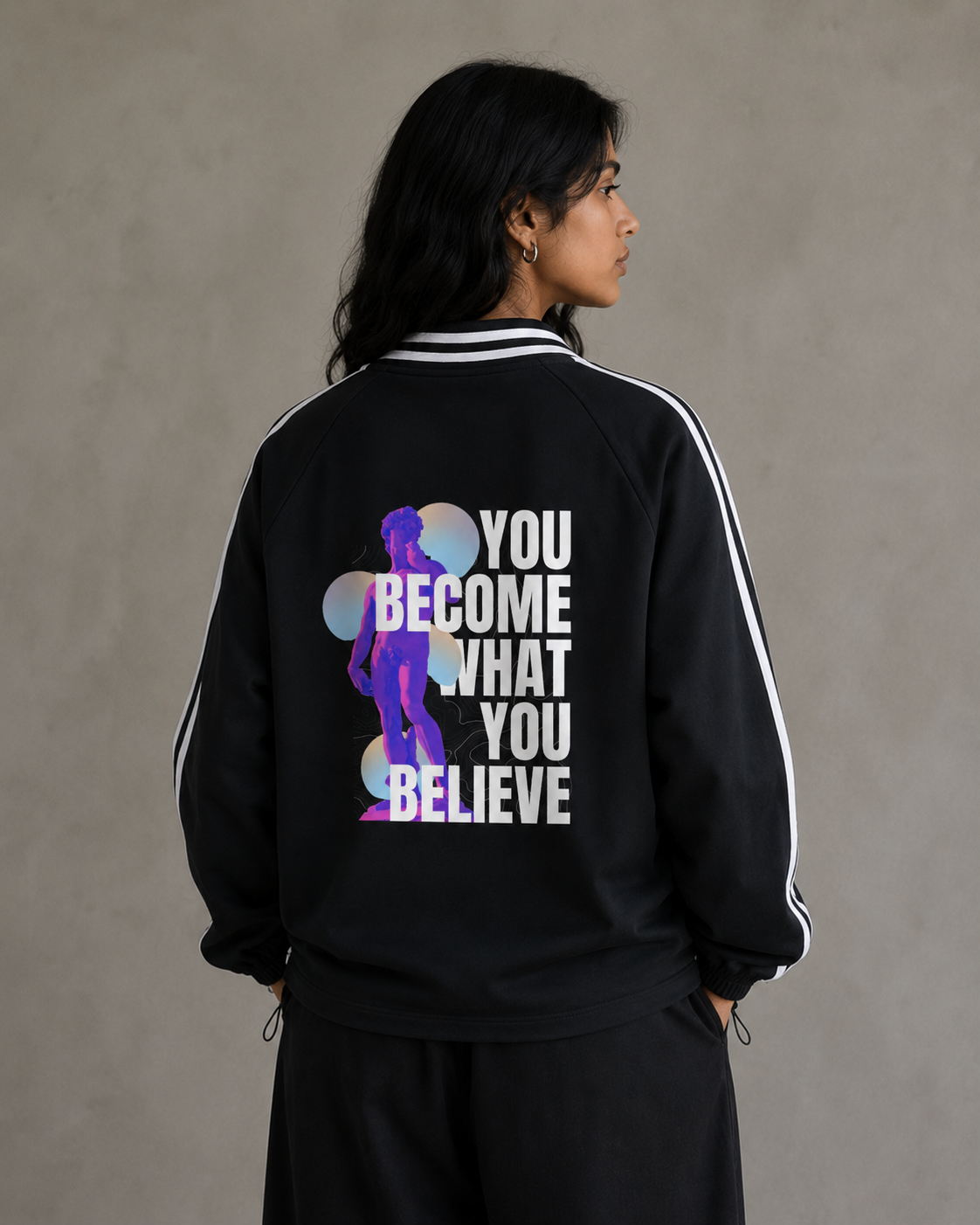 Women wearing a black collar sweatshirt jacket with the words 'you become what you believe'. Stylist streetwear collar Sweatshirt, comfy formal collar Sweatshirt, fashion collar Sweatshirt, graphic collar Sweatshirt