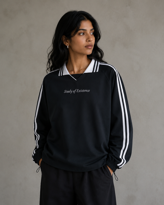 Women wearing a black collar sweatshirt jacket with the words 'study of existence'. Stylist streetwear collar Sweatshirt, comfy formal collar Sweatshirt, fashion collar Sweatshirt, graphic collar Sweatshirt