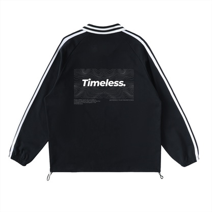 Black jacket with 'Timeless.' text on a white background. Stylist streetwear collar Sweatshirt, comfy formal collar Sweatshirt, fashion collar Sweatshirt, graphic collar Sweatshirt