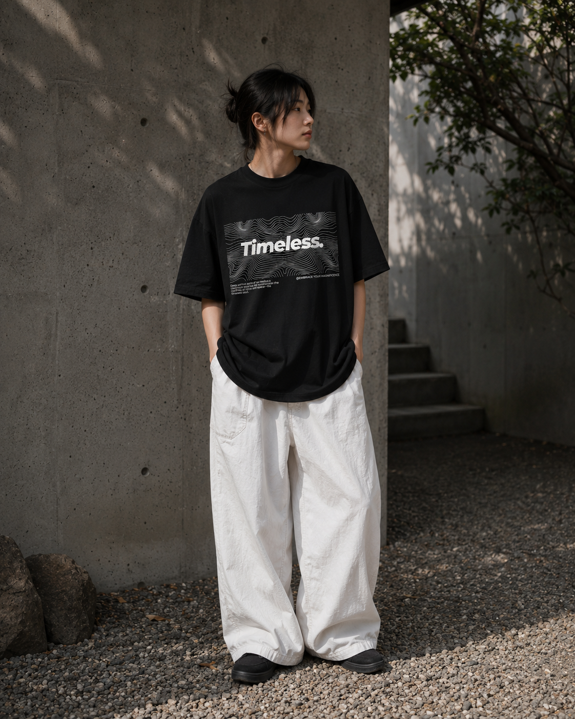 Person wearing a black t-shirt with 'Timeless' text and white pants standing against a concrete wall. Stylist streetwear tee, comfy formal tee, fashion tee, graphic tee
