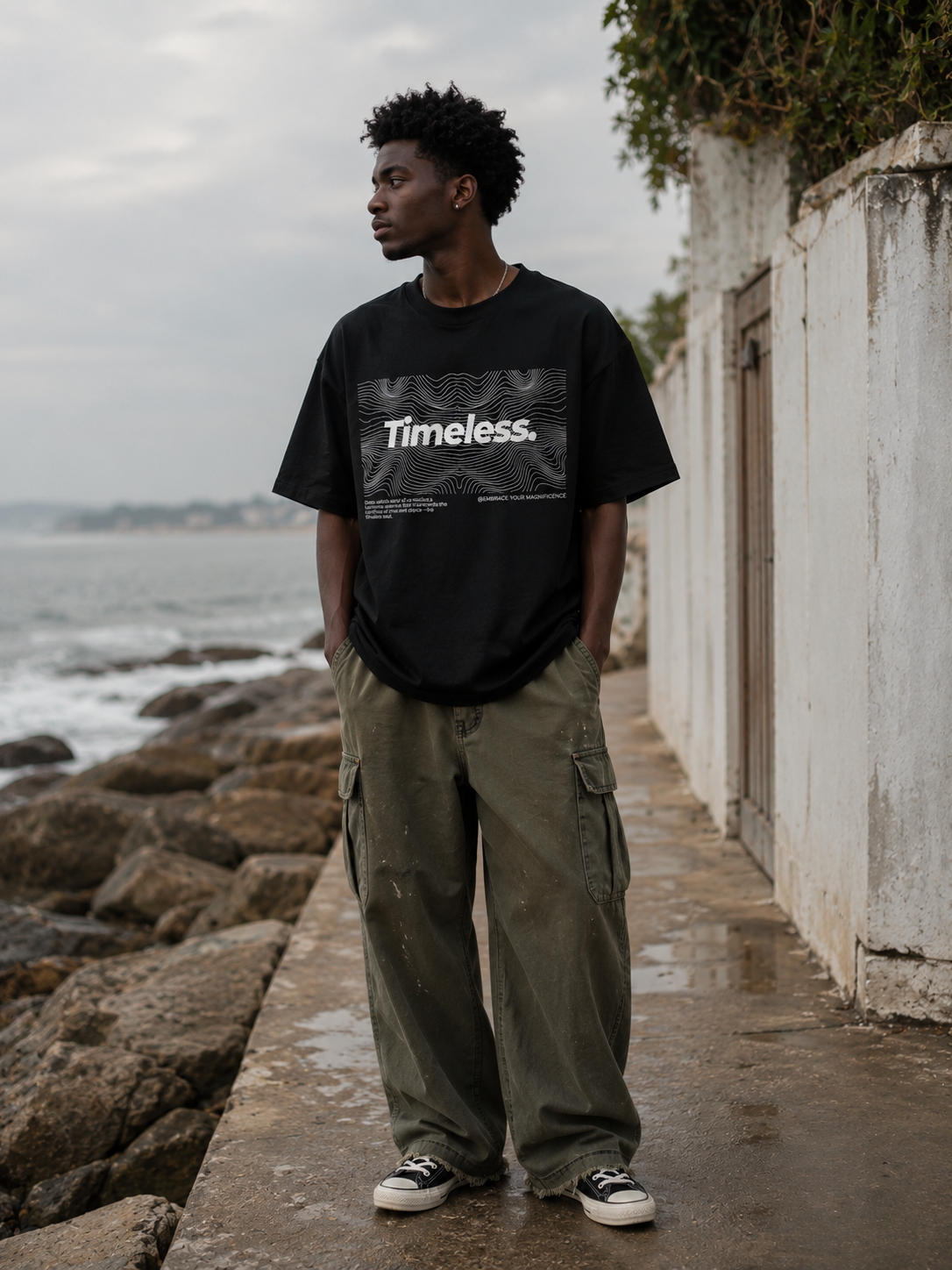 Person wearing a black t-shirt with 'Timeless' text standing by a coastal path. Stylist streetwear tee, comfy formal tee, fashion tee, graphic tee