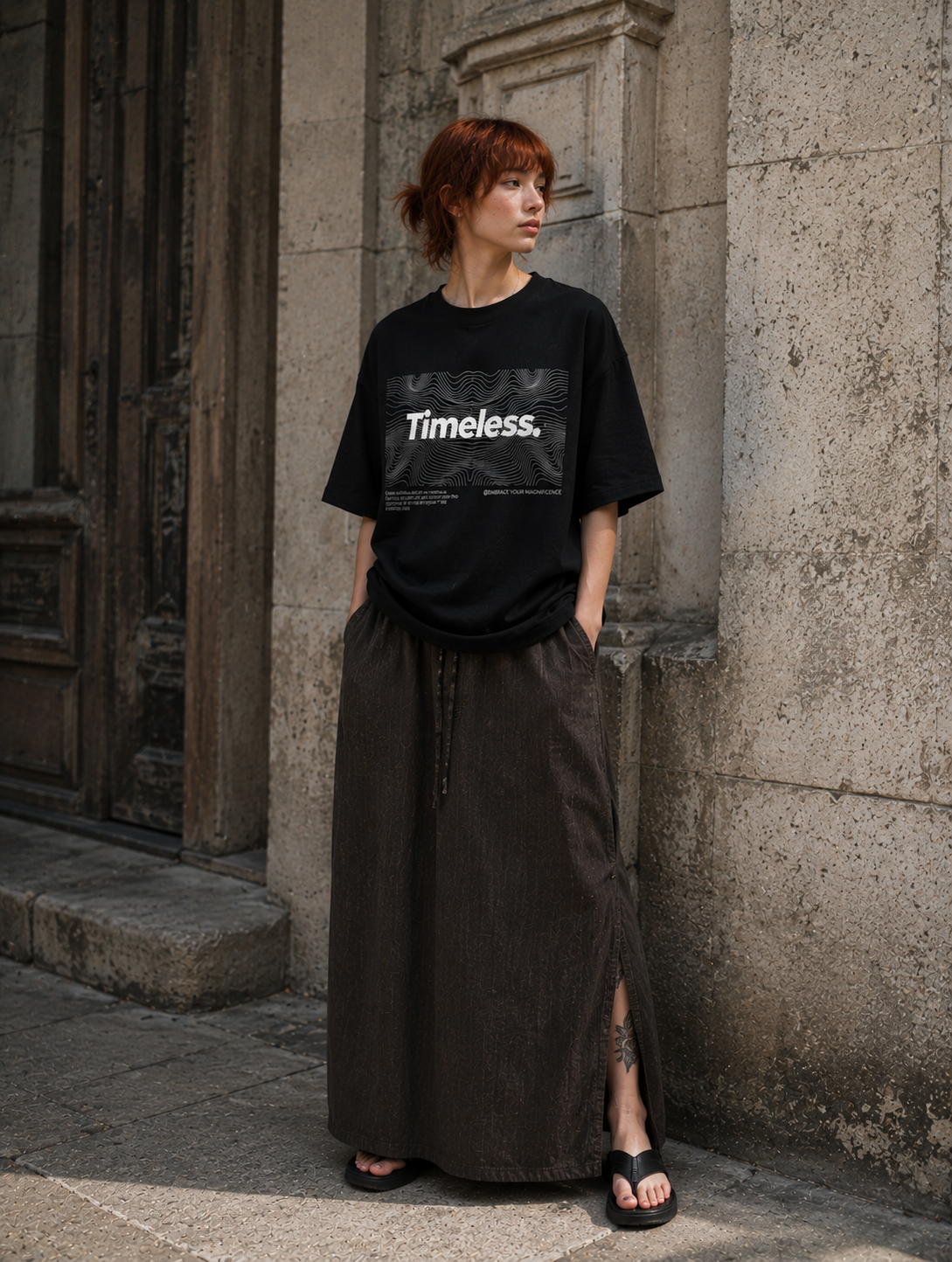 Person wearing a black 'Timeless' t-shirt and long dark skirt standing against a stone wall. Stylist streetwear tee, comfy formal tee, fashion tee, graphic tee