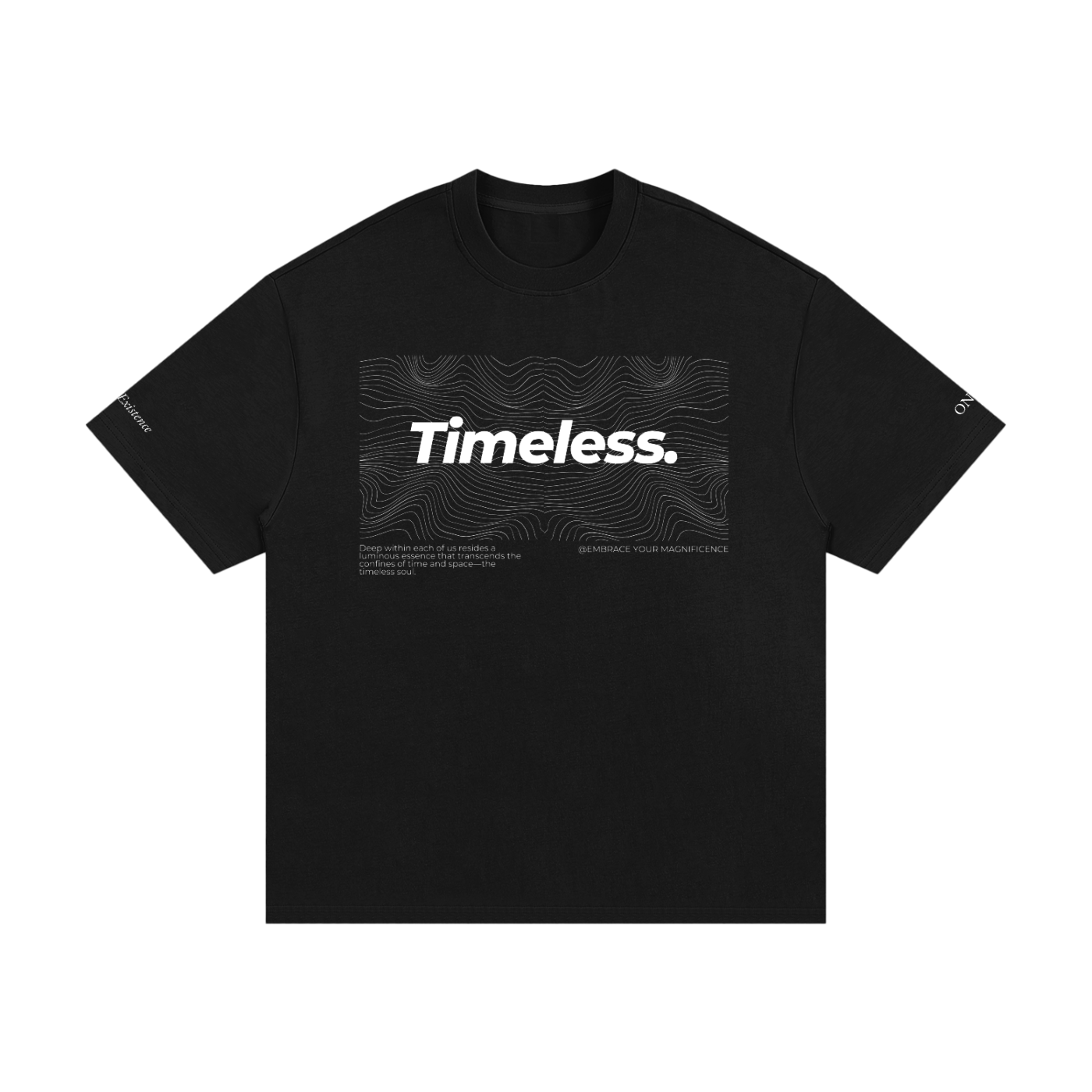Black t-shirt with 'Timeless' text on a white background. Stylist streetwear tee, comfy formal tee, fashion tee, graphic tee
