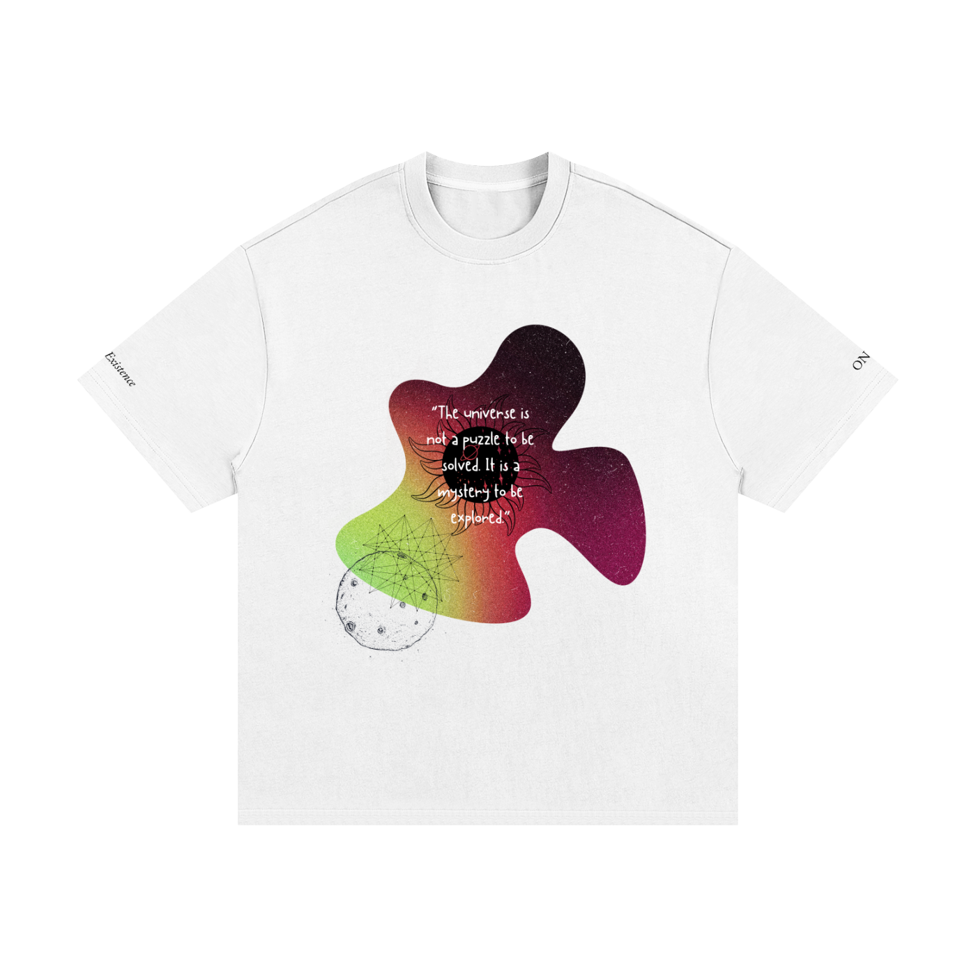 White t-shirt with a colorful puzzle design and text on a white background